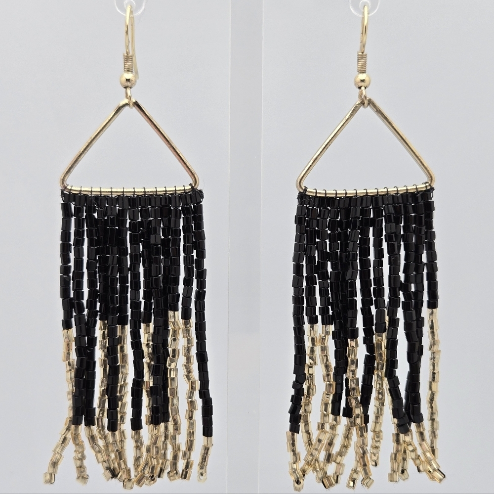 Ink + Alloy Handmade Black and Gold Fringe Beads Designer Earrings 3.5''